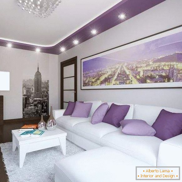 Nowoczesny design hali w mieszkaniu в белом и фиолетовом цвете