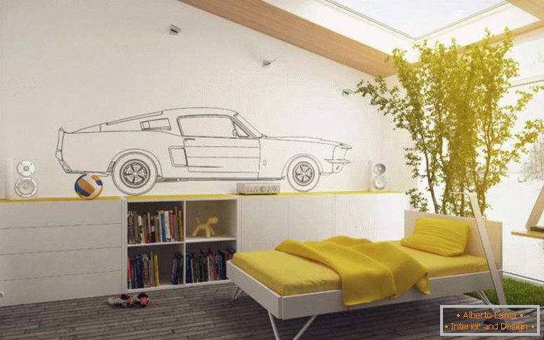 atrakcyjna-żółto-biała-sypialnia-dziecięca-wystrój-z-dużym-cool-rośliny-dekoracja-podwójne-łóżko-i-drewniane-szafka-regał-na-brązowy-drewno-podłoga-plus-duży-przezroczysty- szyberdach-jako-jak-biurowy-projekt-la