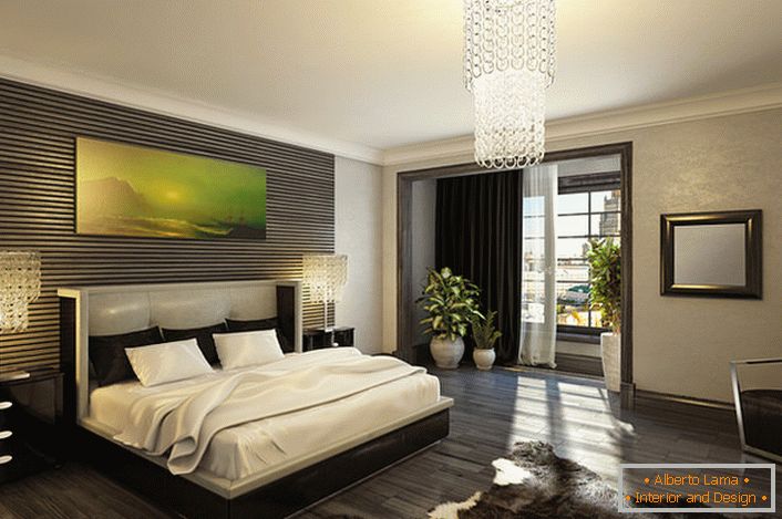 Szykowna i luksusowa stylowa sypialnia w stylu Art Deco. Klasyczny kontrast bieli i czerni idealnie nadaje się do tego kierunku stylistycznego. 