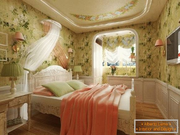 Połączenie kolorów we wnętrzu sypialni Prowansja - zasłony i tapety