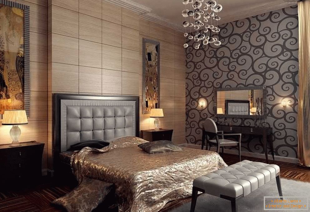 Sypialnia z drewnianymi panelami na ścianie