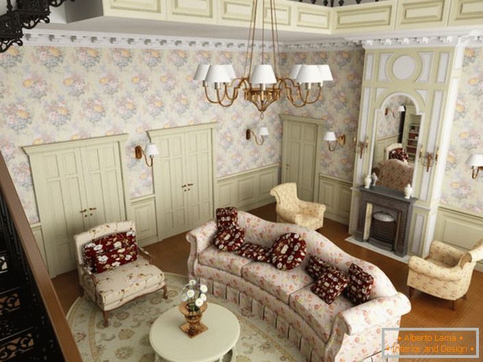 Pokój dzienny w wiejskim stylu na pierwszym piętrze dużego domu na przedmieściach. Zgodnie ze stylem, miękkie meble są wybierane z tkaniny o kwiatowym wzorze.