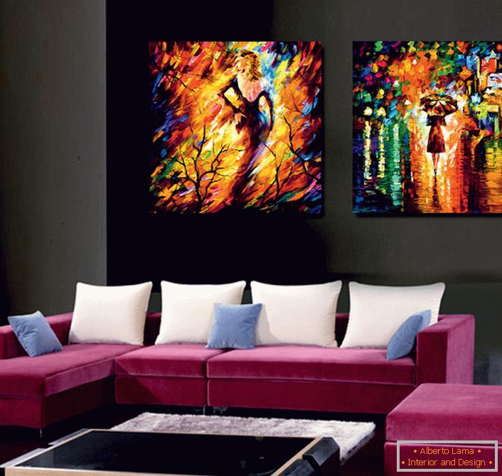 Modułowe obrazy imitują obraz olejny. Jasne, soczyste kolory rozmywają wystrój pomieszczenia, czyniąc go niezwykłym i ekskluzywnym. 
