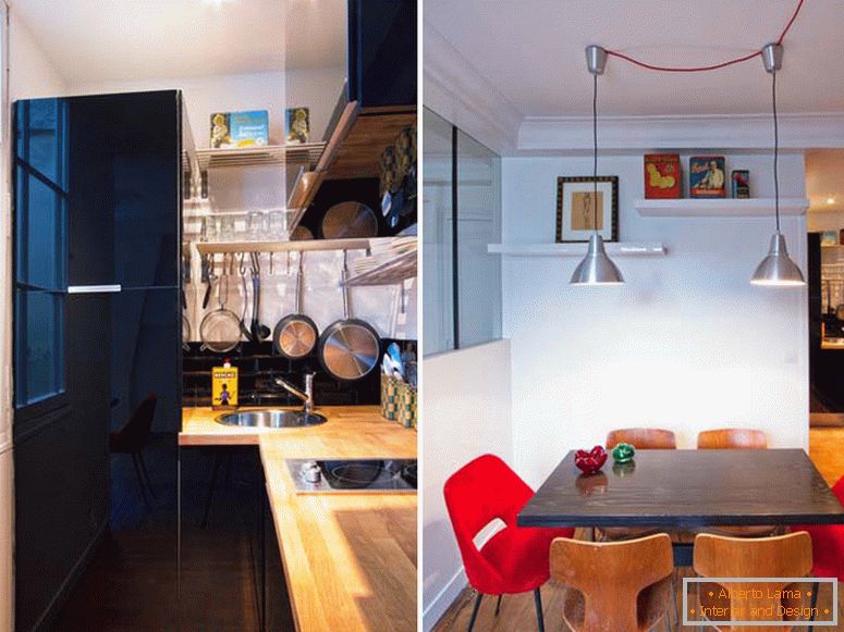 Kuchnia i jadalnia małego apartamentu typu studio w Paryżu