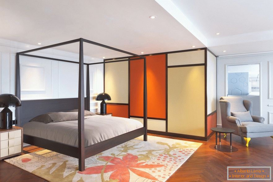 Pomarańczowa sypialnia w stylowym apartamencie typu studio w Pekinie