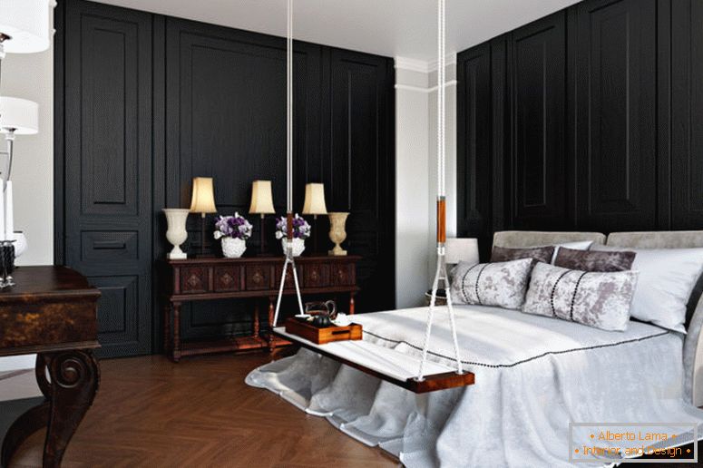 wnętrza z klasycznymi sypialniami z czarnymi ścianami