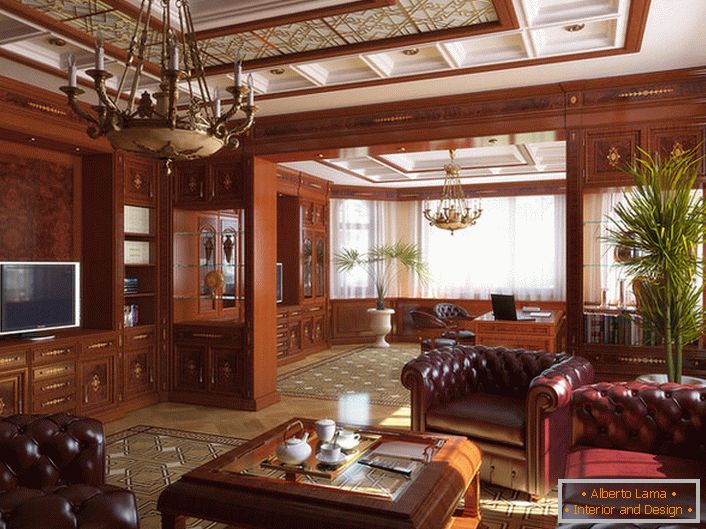 Salon w stylu angielskim jest urządzony głównie z wykorzystaniem szlachetnego drewna.
