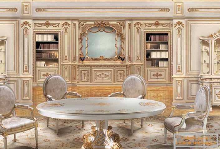 Zaprojektuj projekt w stylu barokowym na duży salon. Drewniane krzesła i stół wykonane są w jednym stylu.
