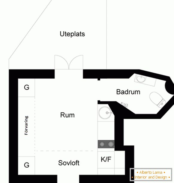 Układ małego apartamentu typu studio w Szwecji