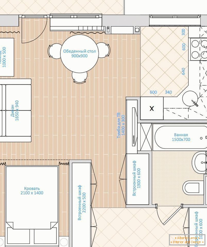 Układ jednopokojowego mieszkania o powierzchni 33 m2