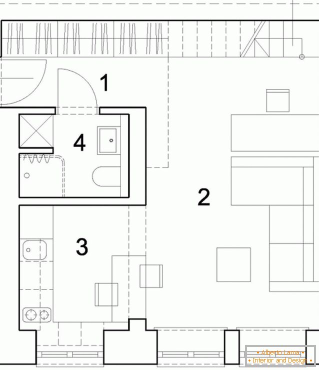 Układ pierwszego poziomu dwupoziomowego apartamentu typu studio w Polsce