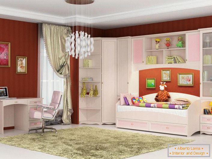 Stylowy pokój dla młodej mody. Meble modułowe dla dzieci wykonane są w kolorze różowym i białym - co jest potrzebne dla dziewczynki.