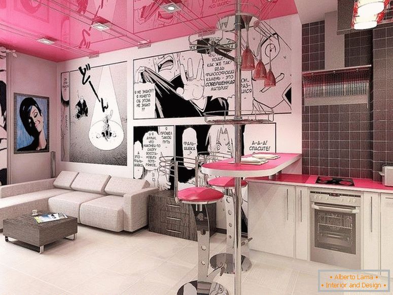 Różowy sufit we wnętrzu w stylu pop-artu