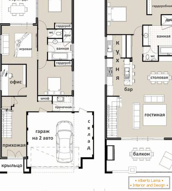 Warianty drugiego piętra w prywatnym domu - projekt z kuchnią w salonie i jedną sypialnią