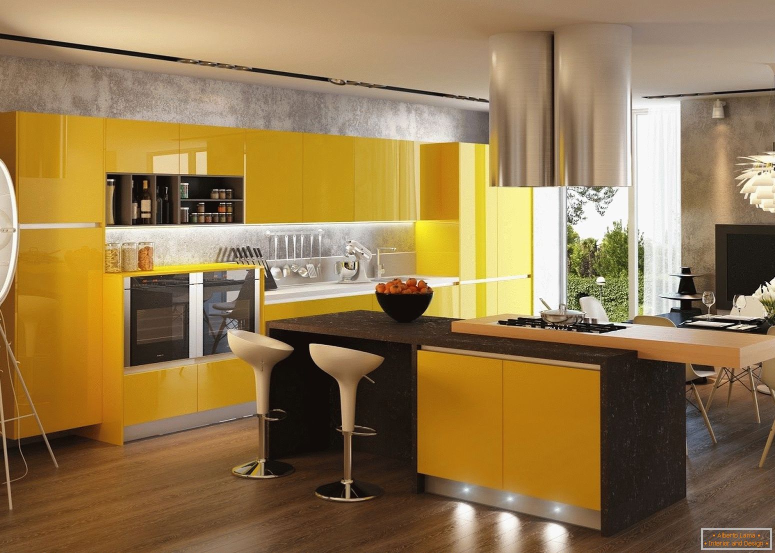 Wnętrze z żółtą kuchnią