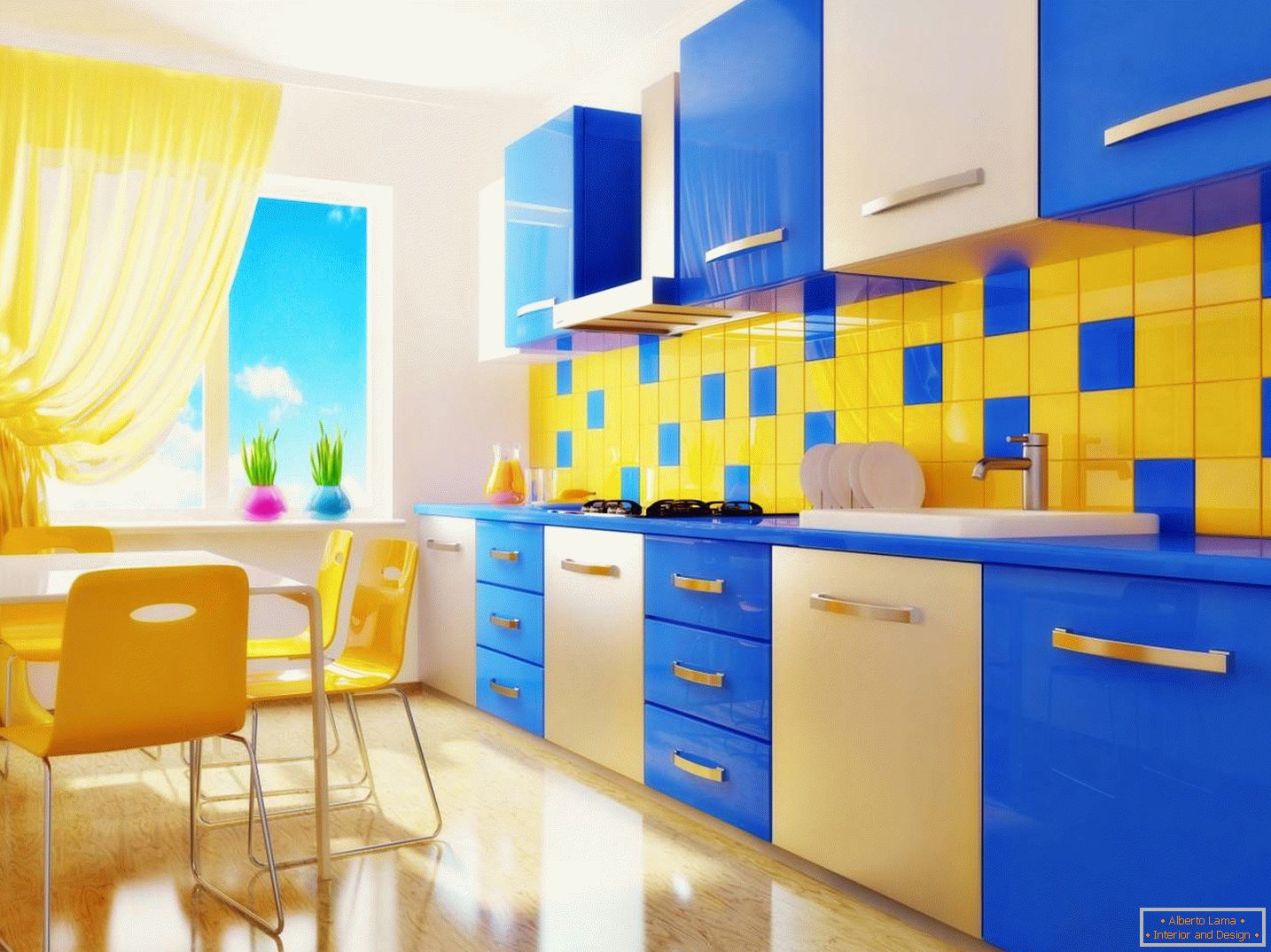 Niebieska i żółta kuchnia