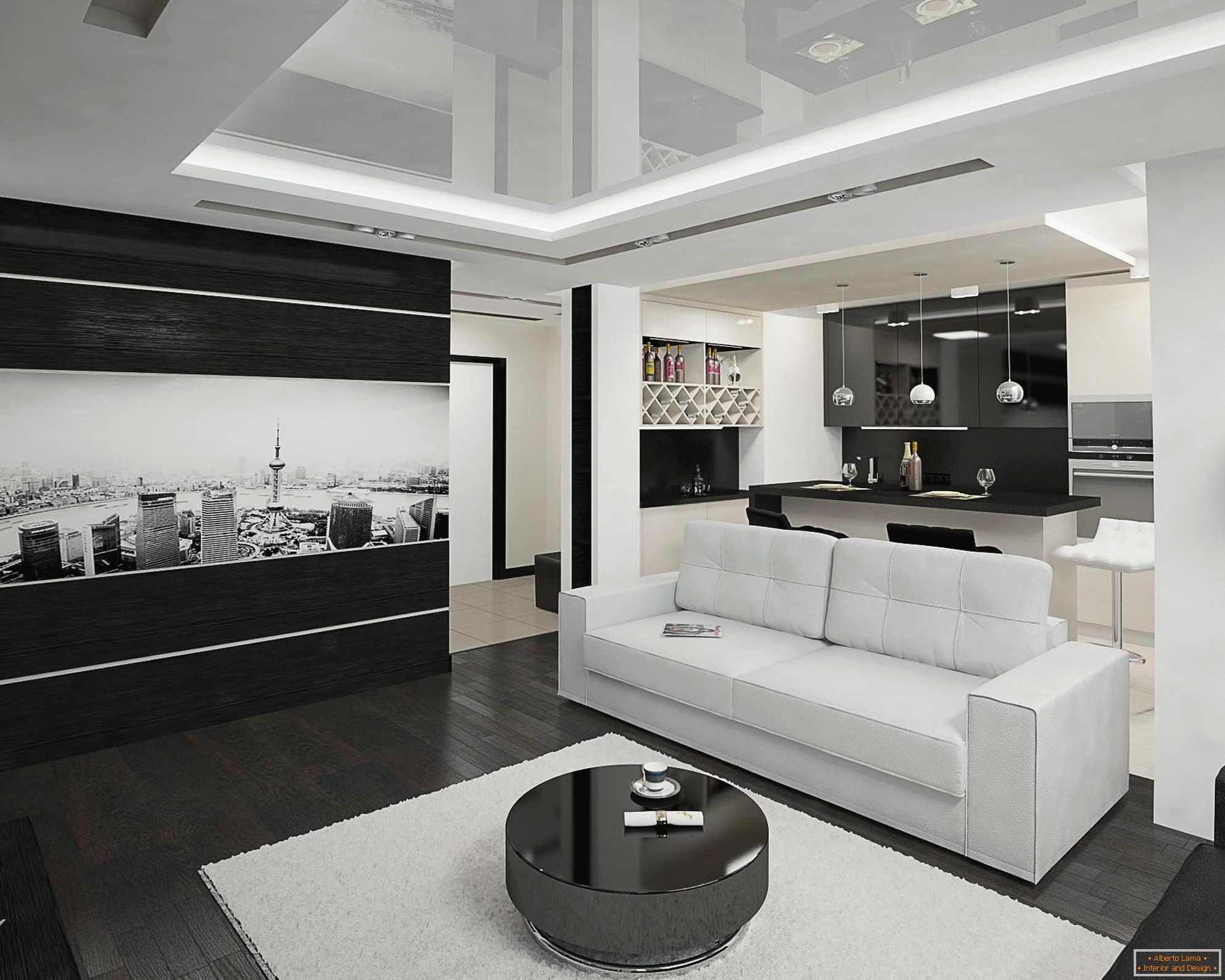 Czarno-biała kuchnia i salon na 20 metrach kwadratowych