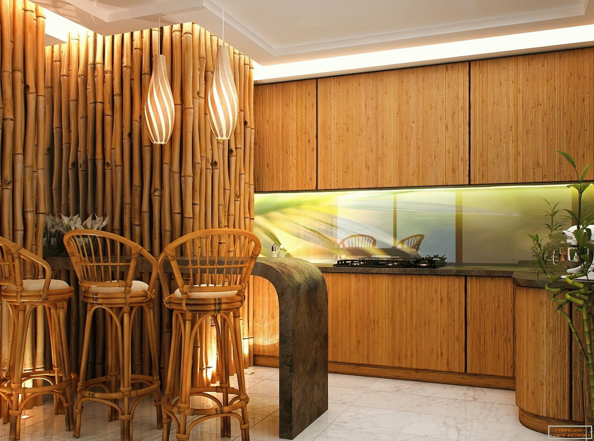 Ściany i krzesła wykonane z bambusa