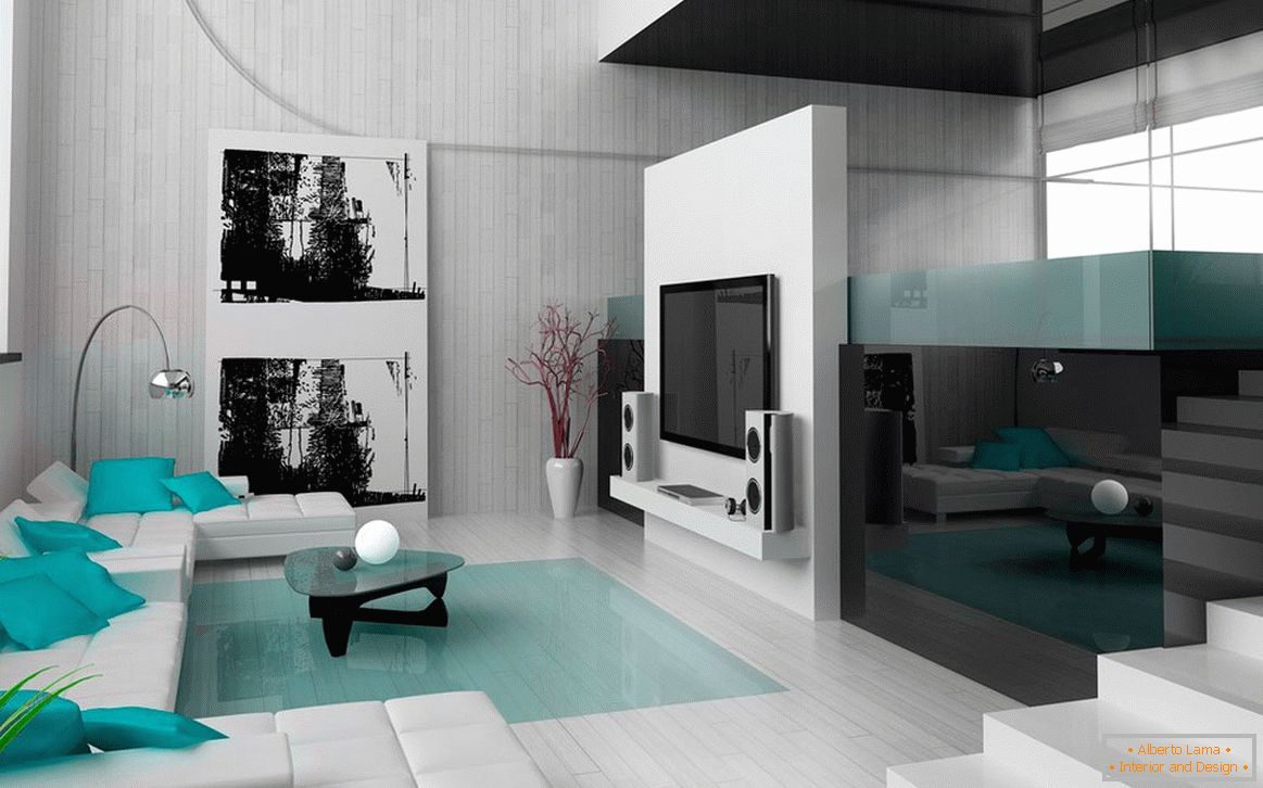 Pokój dzienny w czarno-białej kolorystyce z elementami w kolorze turkusowym