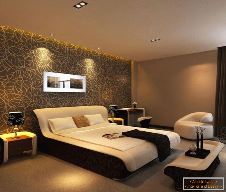 brązowy akcent-ściana-pomysł-na-duża-sypialnia-kombajn-z-kwiatowym-tłem-druk-i-uzupełniony-z-wygodnym-łóżkiem-plus-przyjemny-biały-sofa