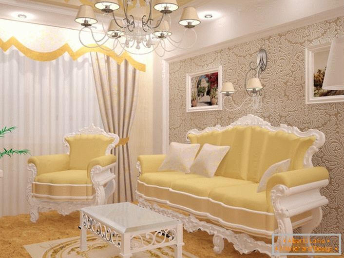 Mały pokój gościnny w barokowym stylu, wykwintne meble. Meble są wybrane w najlepszych tradycjach stylu barokowego.