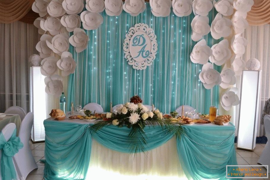 Białe i turkusowe kolory w dekoracji sali weselnej
