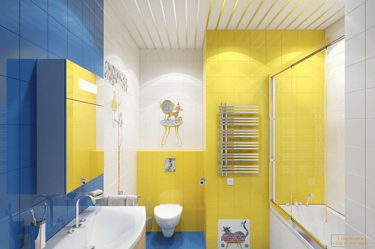Niebieski, żółty i biały w łazience wnętrza