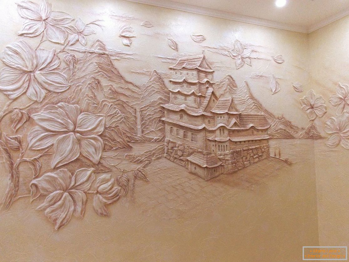 Rysunek wolumetryczny z domem i drzewami z tynku dekoracyjnego