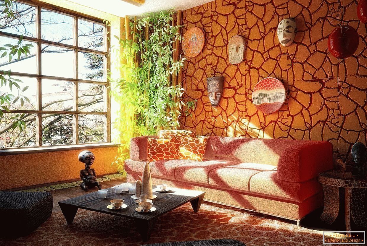 Pomarańczowy tynk dekoracyjny в дизайне гостиной