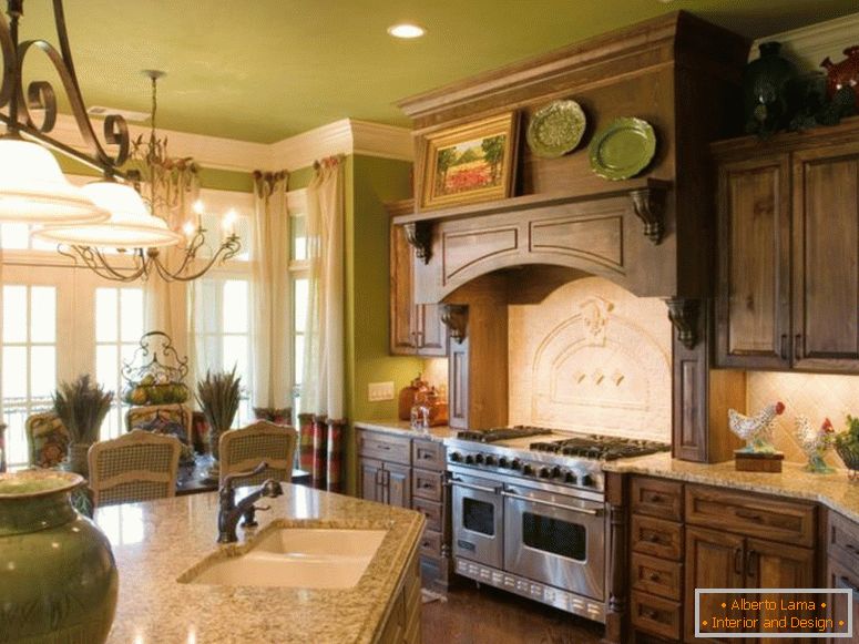 awesome-french-country-kitchen-interior-home-design-with-brown-wood-kitchen-cabinet-chic-pomysły-na-ścianie-i-krem-marmuru-cokole-na-stole-również- kremowo-materiałowa-kurtyna-na-oknie-z-francuskim