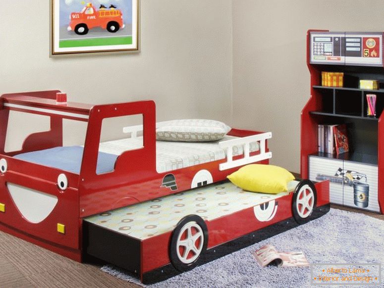 zabawne-fajne-dziecięce-łóżka-projekt-z-czerwone-drewniane-laminowane-wóz strażacki-wyposażone-przesuwne-i-przechowywanie-cabine-łóżka-home wystrój domu-wystrój-domu-rustykalny-yosemite-dekoracji-dekoratory -outlet-and-fetco