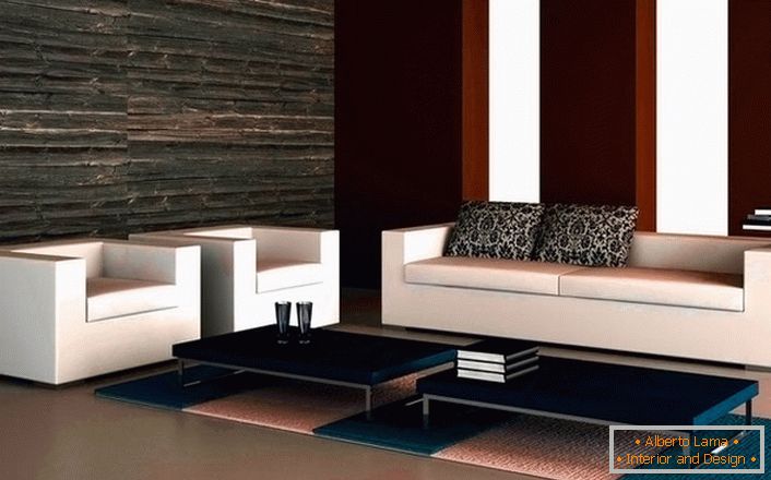 Projekt salonu w stylu high-tech. Lakoniczna sofa z dwoma fotelami harmonijnie wygląda w stylu minimalistycznym. 