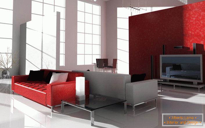 Kontrastowa szkarłatna barwa w stylu high-tech jest interesująca i popytowa. Jasna czerwona sofa na chromowanych nogach jest idealna do dekoracji nowoczesnego wnętrza.