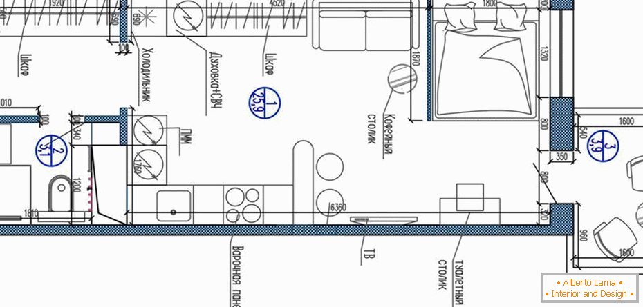 Plan apartament-studio od 25 do 30 metrów kwadratowych. m.