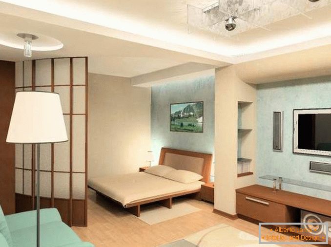 Projekt 1 pokojowe mieszkanie w Chruszczow - zdjęcie pokoju z łóżkiem