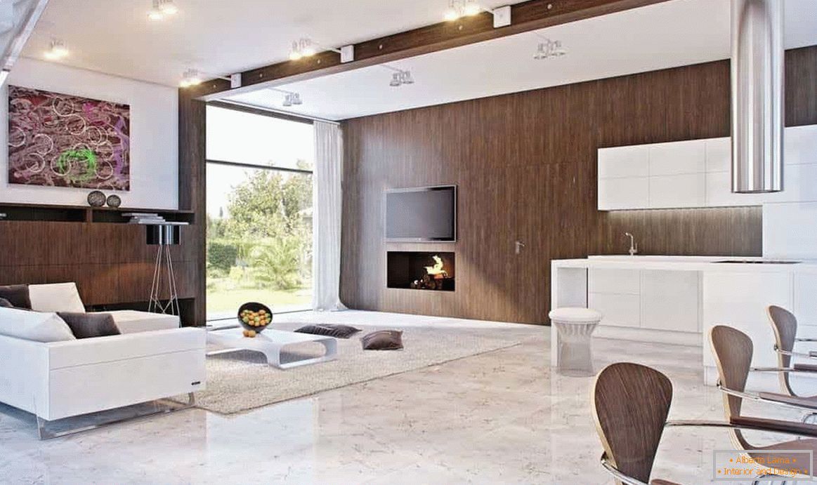 Salon może być urządzony w nowoczesnym stylu i w drewnianym domu