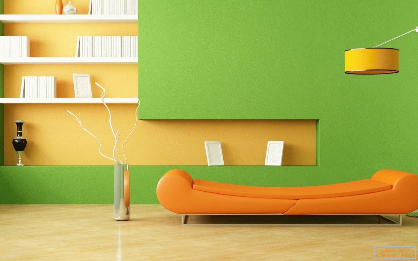 Pomarańczowa sofa i zielone ściany