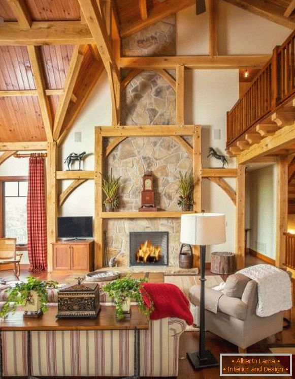 Projekt wnętrz domu z drewna - zdjęcie salonu
