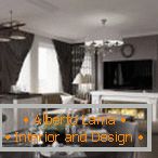 Stół i sofy naprzeciwko dekoracyjnego kominka
