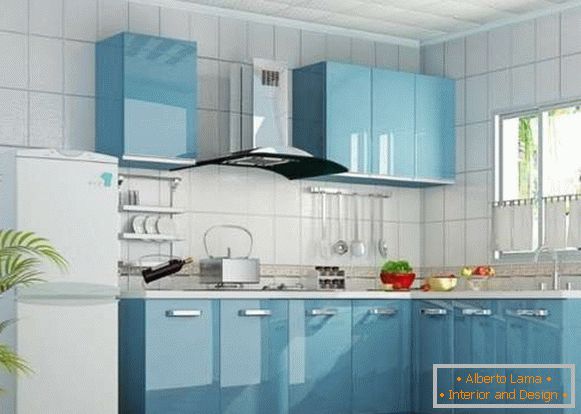 Zaprojektuj narożną kuchnię w prywatnym domu - zdjęcie w kolorze niebieskim