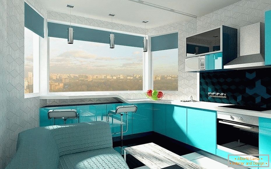 Zaprojektuj projekt kuchni w kolorze jagodowym z oknem wykuszowym z blatem barowym przy oknie