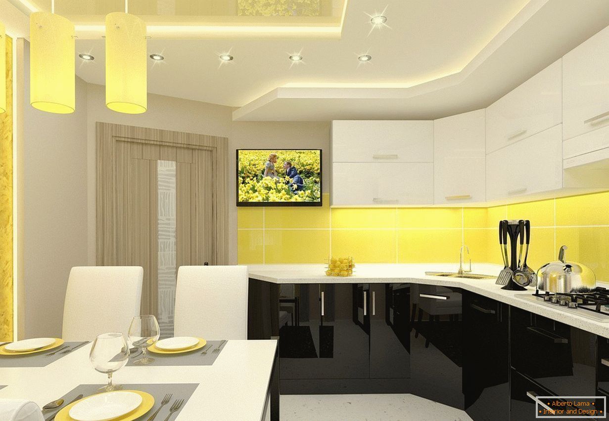 Żółto-biała kuchnia w mieszkaniu