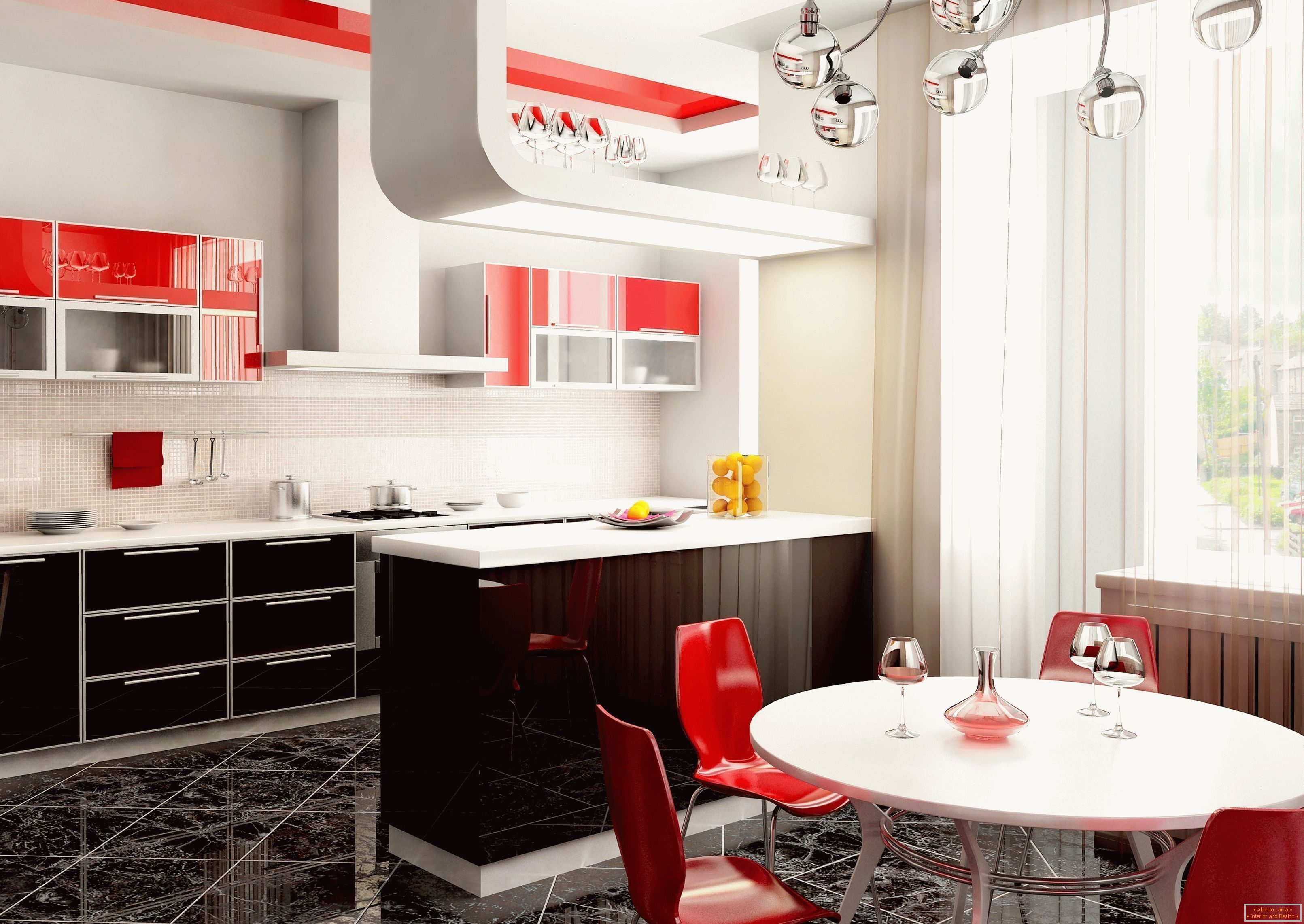 Jasne wnętrze kuchni w mieszkaniu z czerwonymi akcentami