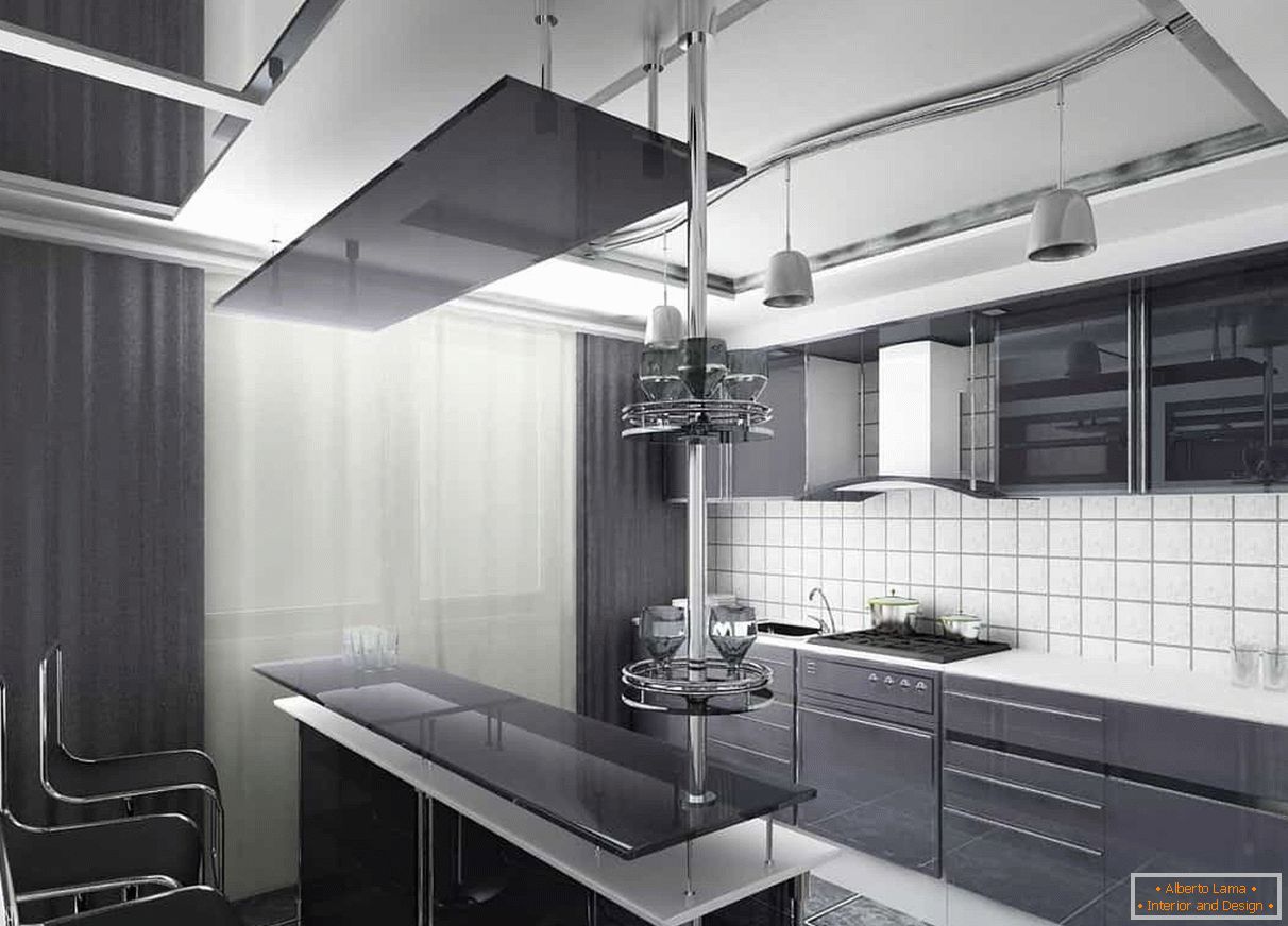 Ciemne zasłony i ciemna fasada kuchni w połączeniu z białym fartuchem i sufitem