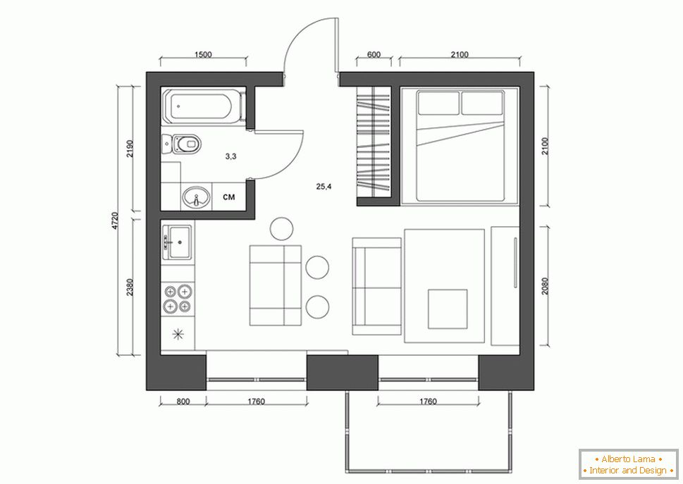 Układ mieszkania 30 metrów kwadratowych. mw czerni i bieli