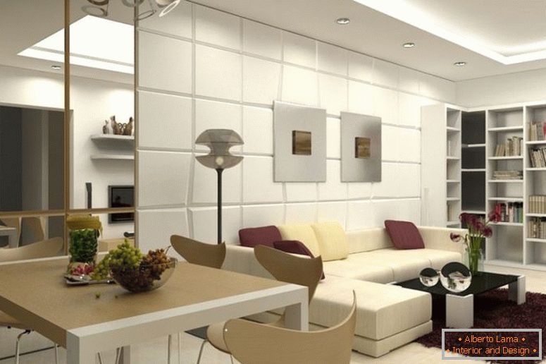 inspirujący-nowoczesny-jadalnia-salon-design-dla-małego-mieszkania-z-beżowo-skóropodobną -segmentową-sofą-i-czarny-szklany-stolik do kawy-na-różowo-brązowy-dywaniki-jako- dobrze-jako-cool-corner-drewniane-regały-1120x7