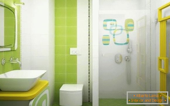 Połączona łazienka w zielonych kolorach i z prysznicem