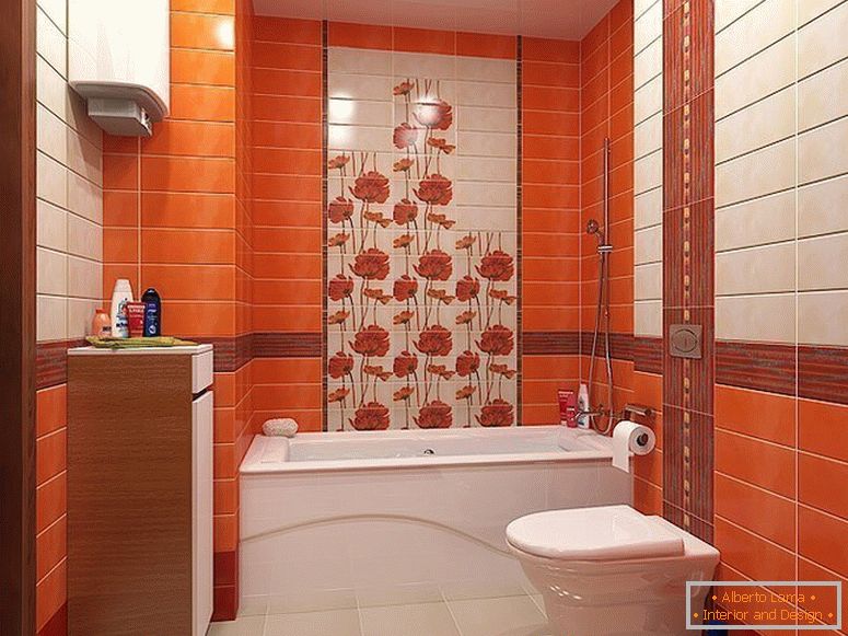 Pomarańczowe kafelki we wnętrzu małej łazienki