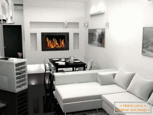 Jednopokojowe wnętrze w czarno-białych kolorach - zdjęcie apartamentu studyjnego