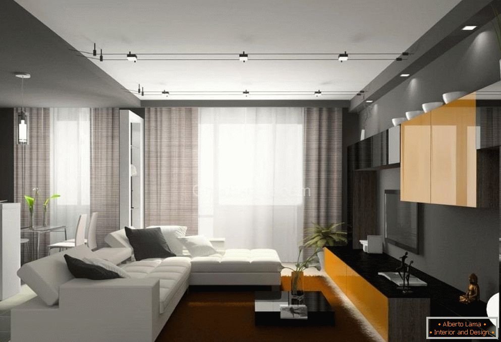 Biała sofa i brązowy dywan w salonie